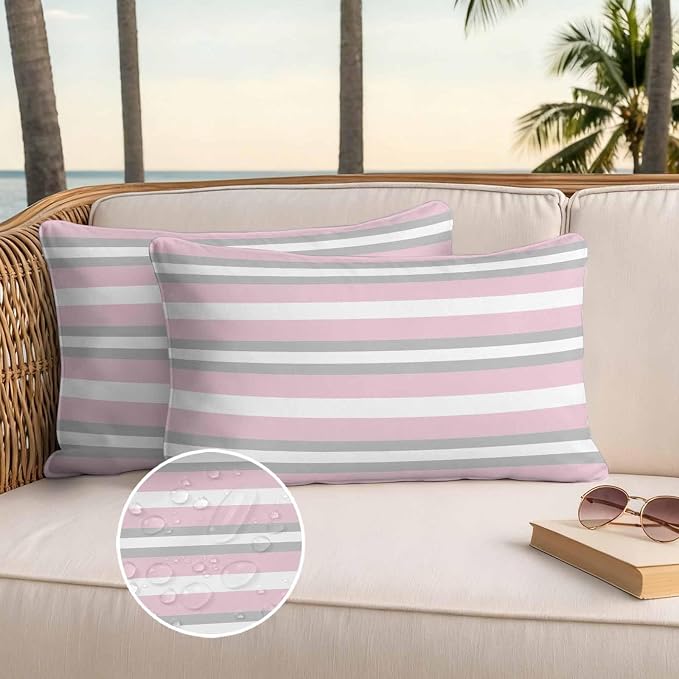 Lumbar Pillow Covers 20x12 Inch Set of 2, Pink Grey Stripe Waterproof Outdoor Pillow Covers, Minimalist Farmhouse Striped Decorative Cushion Pillowcases for Couch, Sofa, Bed, Garden, Patio