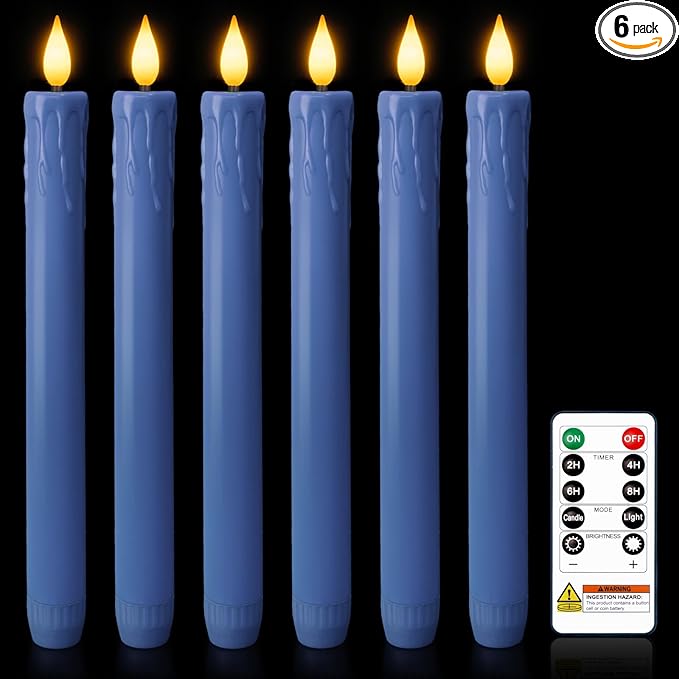Homemory 6 Pcs Real Wax Blue Flameless Taper Candles with Remote Timer, 9.6 Inches LED Fake Candlesticks, LED Candle with 3D Flickering Flame for Romantic Wedding, Dinner, Xmas Anniversary Decor