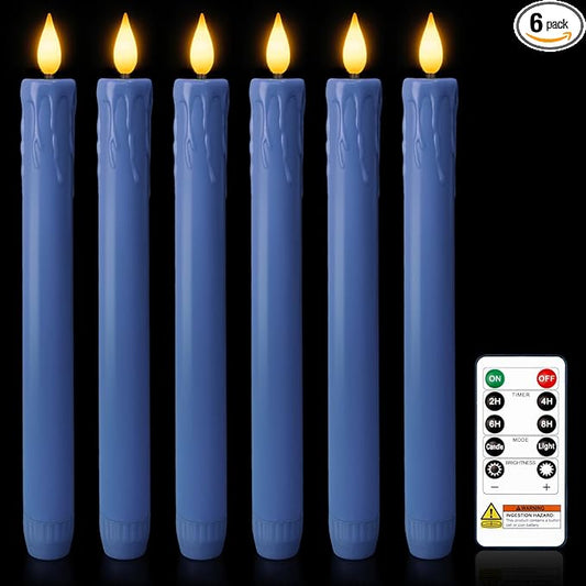 Homemory 6 Pcs Real Wax Blue Flameless Taper Candles with Remote Timer, 9.6 Inches LED Fake Candlesticks, LED Candle with 3D Flickering Flame for Romantic Wedding, Dinner, Xmas Anniversary Decor