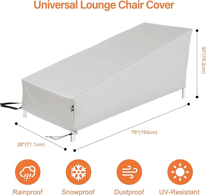 Patio Chaise Lounge Cover, Waterproof Lounge Chair Covers, Heavy Duty Patio Furniture Covers for Outside, Pool， Lounge Chair, Lawn Bench Furniture 76Lx28Wx30H inch