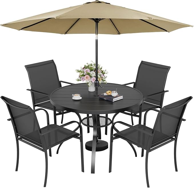 Incbruce 6 PCS Patio Dining Set with Brown Umbrella, Outdoor Dining Set of 4 Textilene Chairs and 41" Round Table with Umbrella Hole for Backyard, Garden, and Poolside (Black)
