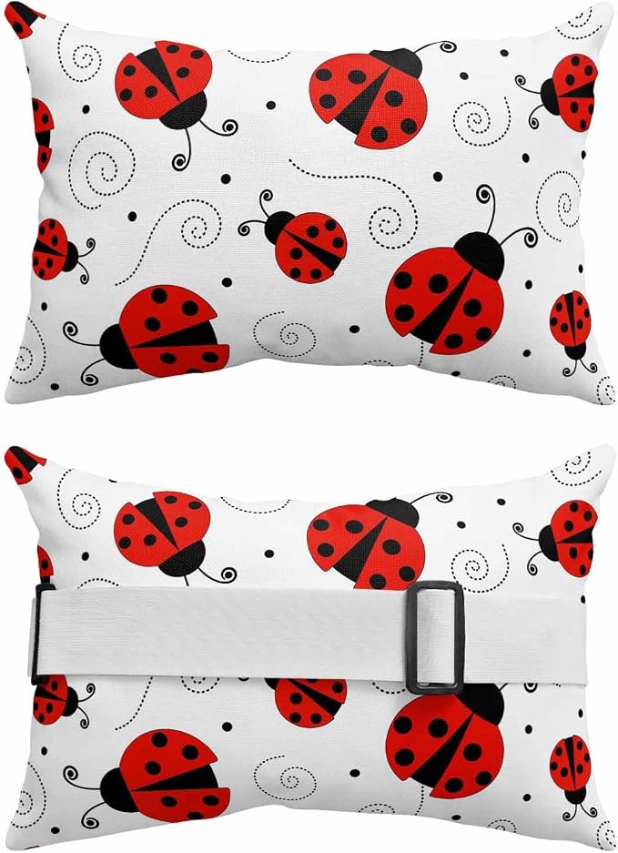 Red Ladybug Seamless Chaise Lounge Head Pillow, Funny Cartoon Animal Waterproof Outdoor Chair Pillow with Strap&Insert for Garden Beach Pool Recliner, 11x16in, 1PCS