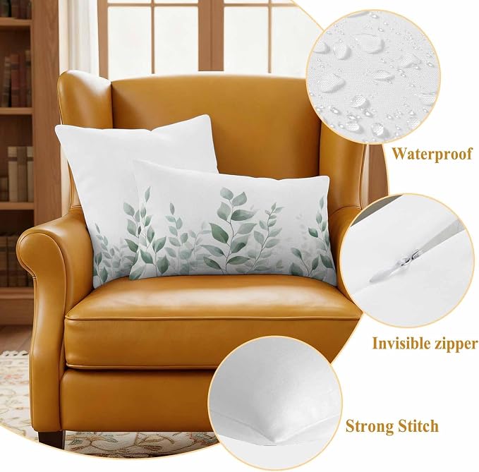 Sage Green Botanical Outdoor Waterproof Throw Pillow Covers 16x16 Set of 2, Pastoral Leaf Watercolor Decorative Pillowcases Cushion Pillowcase for Couch Sofa Patio Outside Pillow Protector