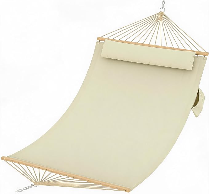 PrecisionAuto Double Quilted Fabric Hammock with Spreader Bar & Detachable Pillow, 12FT Two Person Outdoor Swing Bed Supports 450LBS for Patio Backyard Poolside Relaxation
