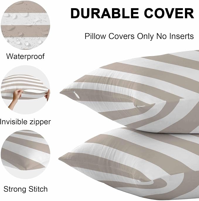 Outdoor Waterproof Throw Pillow Covers Set of 2 Khaki White Stripe Pillowcases 26x26 Inches Simple Style Striped Decorative Pillows Cushion Case Patio Pillows for Couch Bed Chair Garden