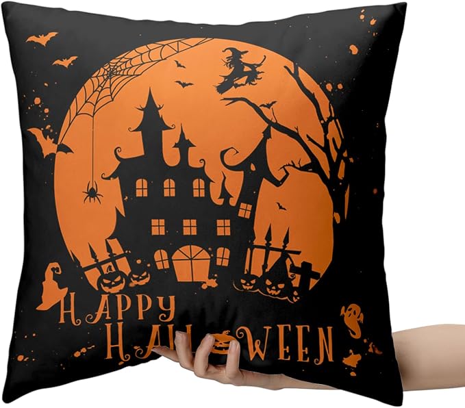 2 Pack Happy Halloween Pillow Covers 22x22 Castle Witch Halloween Decoration Fall Pillow Covers Halloween Indoor Decor Black and Yellow Pillow Case Cotton Blend for Sofa