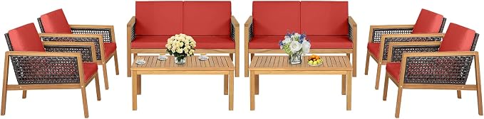 8 Pieces Outdoor Acacia Wood Furniture Set, Outdoor PE Wicker Conversation Set with Coffee Table and Soft Cushions, Outdoor Sofa Set for Garden, Poolside and Backyard (2, Red)