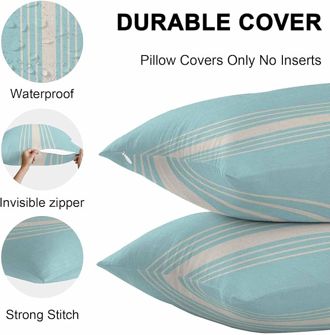 Vandarllin Outdoor Throw Pillows Covers 26x26 inch Set of 2 Waterproof Sky Blue Vertical Stripes Decorative Zippered Cushion Covers for Patio Furniture, Classic Striped Linen Lumbar Pillowcases