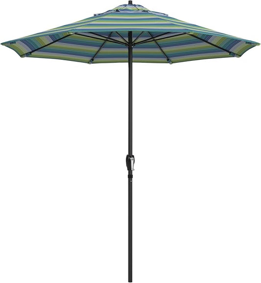 California Umbrella 12-Year Protection 7.5-Ft Outdoor Patio Umbrella, Sunbrella Fade-Resistant Fabric, Auto-Tilt, Heavy Duty Aluminum Frame, 8 Reinforced Ribs for Pool or Deck, Black Pole, Seville Seaside