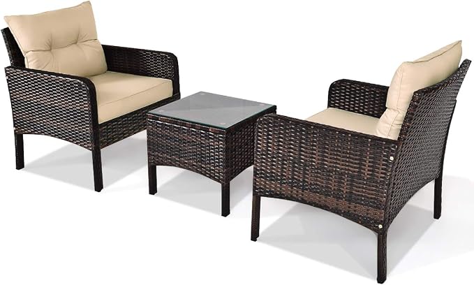 Tangkula 3 Piece Outdoor Patio Furniture Set for 2, Wicker Chairs with Glass Top Coffee Table, Thick Cushions, All Weather Garden Lawn Poolside Backyard Porch (Brown)