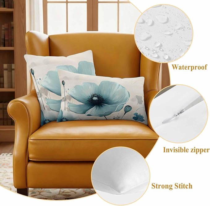 Blue Flowers Butterfly Outdoor Waterproof Throw Pillow Covers Set of 2, 26"x26", Watercolor Retro Leaf Pastoral Style Decorative Pillow Covers Outside Cushion Case for Patio Porch Garden