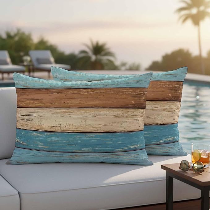 Farmhouse Light Blue Brown Outdoor Waterproof Pillow Covers, Vintage Wooden Striped Decorative Rectangle Throw Pillowcase Sofa Cushion Sham for Patio/Couch/Chair, 20"x12" 2 Pack