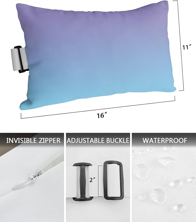 Outdoor Pillows Covers with Inserts Purple and Blue Gradient Waterproof Recliner Pillow with Adjustable Strap Throw Pillows for Patio Furniture Pool Lounge Chair, 11x16 inch, 1PCS