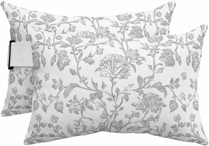 Pack of 4 Outdoor Lumbar Pillow Covers 11x16 Inch, Boho Gray Flower Waterproof Throw Pillow Covers Set, Vintage Farmhouse Leaf Spring Plant Indoor&Outdoor Cushion Cases for Patio Porch Beach