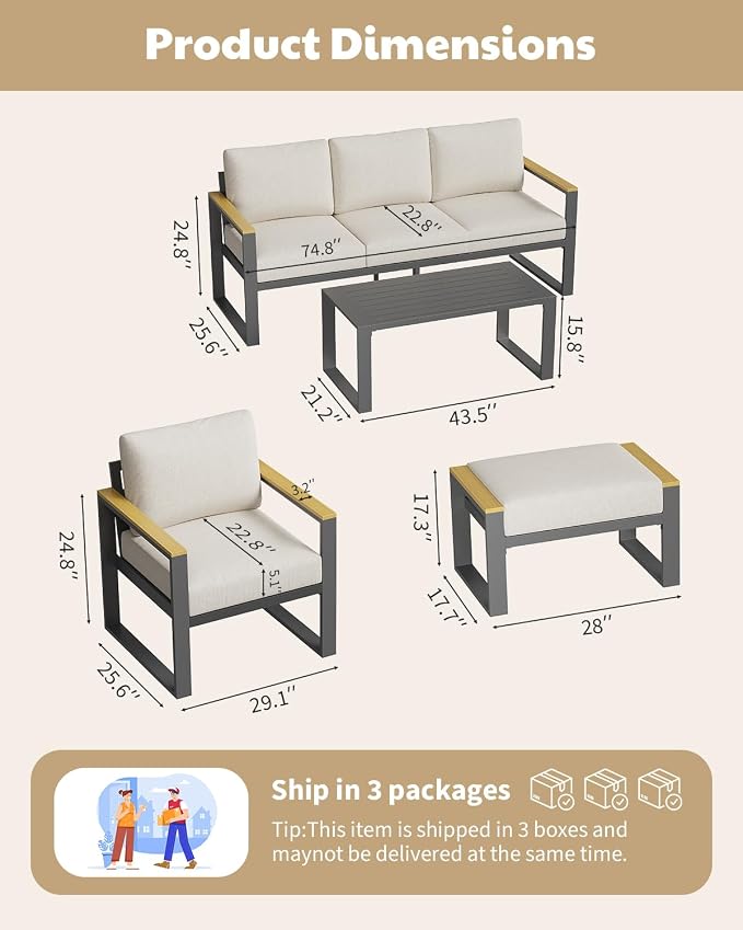 Aluminum Outdoor Patio Furniture - 1 Pcs 3-Seat Sofa and Coffee Table, All-Weather Metal Modern Outside Furniture with Washable Thick Cushion for Balcony, Garden, Deck, Backyard,Beige