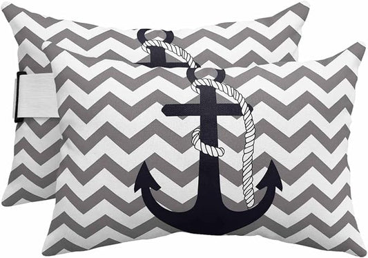 Nautical Anchor Outdoor Pillows Waterproof Covers, Gray Background Adjustable Elastic Chaise Lounge Head Resting Pillows, Decorative Lumbar Pillow for Pool Patio Furniture