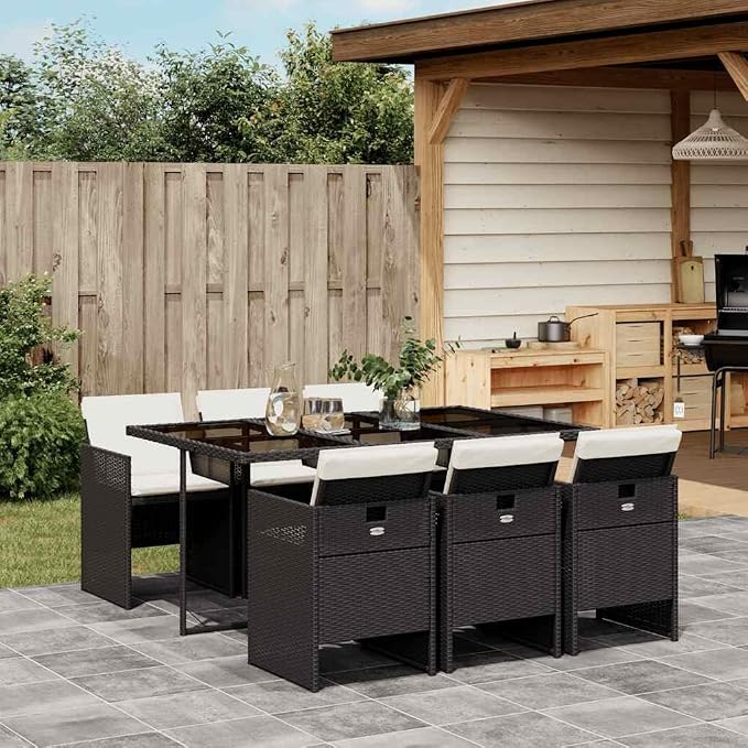 7-Piece Garden Dining Set - Black Poly Rattan Patio Furniture with 6 High-Back Chairs and Large Rectangular Table - Cushioned Seating for Outdoor Backyard and Balcony