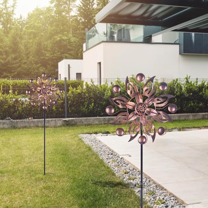 VEWOGARDEN 2PCS Outdoor Wind Spinner,Metal Wind Spinners Yard Decor Pinwheel,Copper Wind Sculptures & Spinners for for Garden, Patio, Lawn(10" Dia * 37" H)