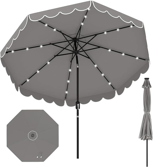 HAPPYGRILL 10 FT Patio Umbrella with Solar Lights, Market Sunshade with Ruffles, Vented Top, Tilt Adjustment & Built-in Crank, Outdoor Parasol Canopy for Backyard Poolside Deck Beach Lawn