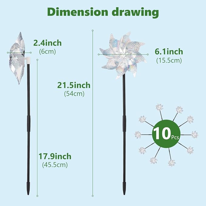 BATTIFE 10 Pack Reflective Pinwheels with Stakes, Pre-Installed Sparkly Silver Wind Spinner, Decorative Pin Wheel Bird and Animal Deterrent for Garden, Yard, Lawn