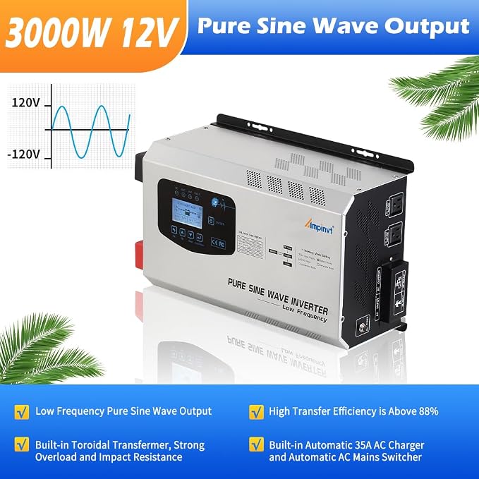 Ampinvt 3000W Peak 9000W Pure Sine Wave Inverter,12V DC to 120V AC Output with Battery AC Charger for Off-Grid Solar RV Boat Home,Support Sealed Gel AGM Flooded Lithium Battery