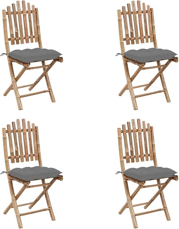 5 Piece Folding Patio Dining Set with Cushions Bamboo Outdoor Table and 4 Chairs Weatherproof Waterproof Space Saving for Garden Backyard Deck Poolside Natural Gray