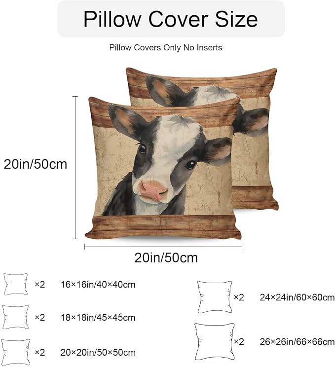 Farmhouse Cow Outdoor Pillow Covers 20x20 Inch Throw Pillow Covers Set of 2 Waterproof Decorative Pillow Cases Country Vintage Animals Wooden Grain Cushion Covers for Patio Furniture Garden Couch Sofa