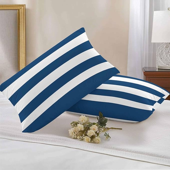 Outdoor Waterproof Throw Pillow Covers Set of 2 Navy Blue White Stripe Lumbar Pillowcases 20x12 Inches Simple Style Striped Decorative Pillows Cushion Case Patio Pillows for Couch Bed Chair Garden
