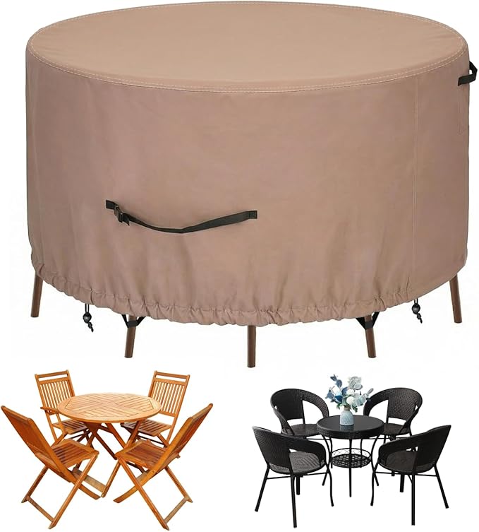 Haige Round Patio Furniture Cover 54" Dia x 28" H, Waterproof 600D Outdoor Table Covers Round, Heavy Duty Patio Table and Chair Cover, Windproof with Buckles & Air Vents, Brown
