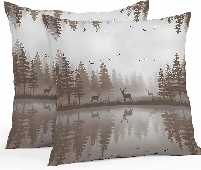 Yukro Brown Nature Landscape Outdoor Waterproof Pillow Covers Pack of 2, Deer Misty Lake Foggy Forest Birds Throw Pillowcases Decorative Cushion Covers for Garden Patio Tent Sofa Couch, 20x20 inch