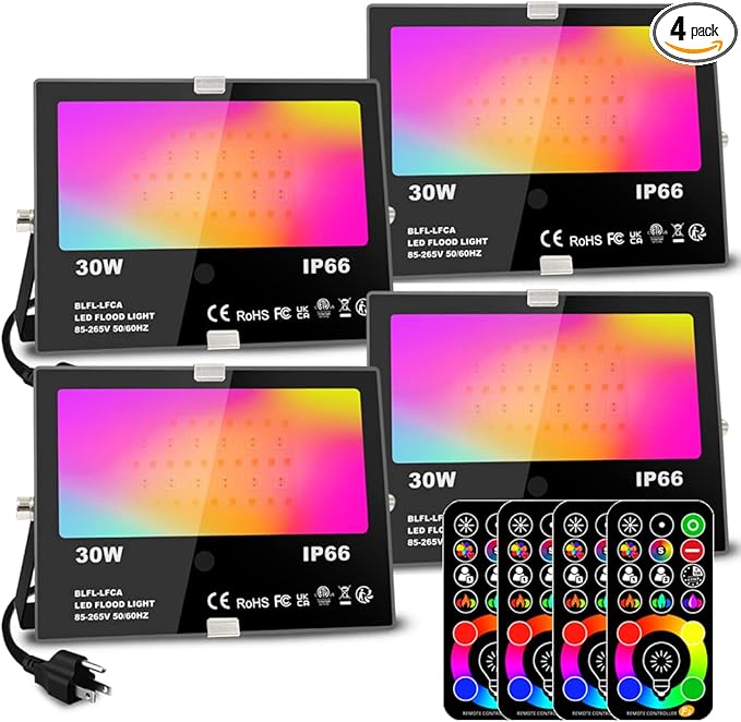 MELPO 30W Led Flood Light Outdoor 300W Equivalent, Color Changing RGB Lights with Remote, 120 RGB Colors, Warm White 2700K, Timing, Custom Mode, Uplight Landscape Lights,IP66 US 3-Plug (4 Pack)