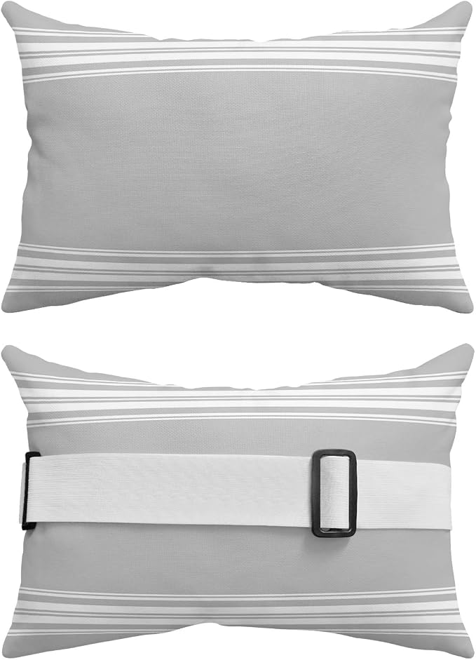 Outdoor Pillows Covers with Inserts Farmhouse Gray White Stripe Waterproof Recliner Pillow with Adjustable Strap Throw Pillows for Patio Furniture Pool Lounge Chair, 11x16 inch, 1PCS