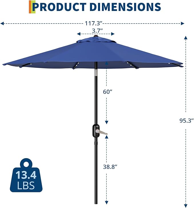 10 Ft Patio Umbrella With Solar Lights - Outdoor Table Umbrella With 40 LED Lights, Tilt Crank, 8 Ribs Market Umbrella for Pool, Deck, Backyard, Tan