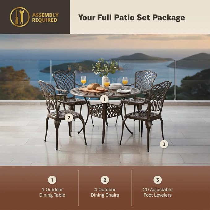 5-Piece Outdoor Dining Set, All-Weather Cast Aluminum Resistant Patio Dining Furniture, Includes 4 Chairs and 1 Round Table with Umbrella Hole for Garden Deck Backyard
