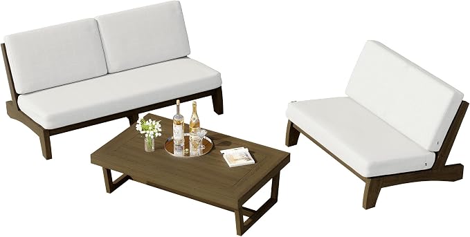 3 Piece Wood Outdoor Patio Frutnire Set, 5 Seater Patio Conversation Sets with Thick Cushions, Outdoor Sectional Furniture with Coffee Table - Beige