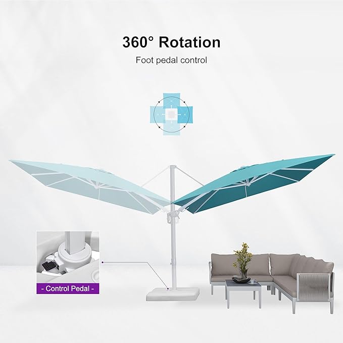 PURPLE LEAF 9' X 12' Right-left Tilt White Cantilever Umbrella with Base Patio Outdoor Swivel Umbrellas with Aluminum Tilt Offset Umbrella with 360° Rotation for Deck Pool, Turquoise