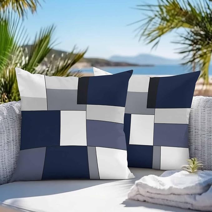 Modern Blue White Grey Plaid Outdoor Pillow Covers 16x16in Pack of 2 Waterproof Pillowcase Abstract Geometric Checkered Decorative Throw Cushion Case for Patio Couch Sofa