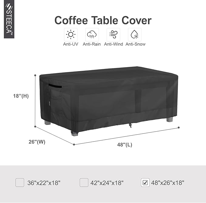 Patio Coffee Table Cover, Waterproof Rectangular Small Side Table Cover for Outdoor Furniture 48L x 26W x 18H inch, Black