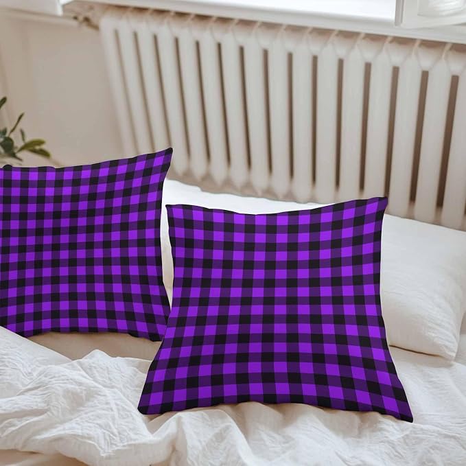 Outdoor Waterproof Throw Pillow Covers Set of 2 Purple Buffalo Plaid Pillowcases 16x16 Inches Pastoral Black Checked Decorative Pillows Cushion Case Patio Pillows for Couch Bed Chair Garden