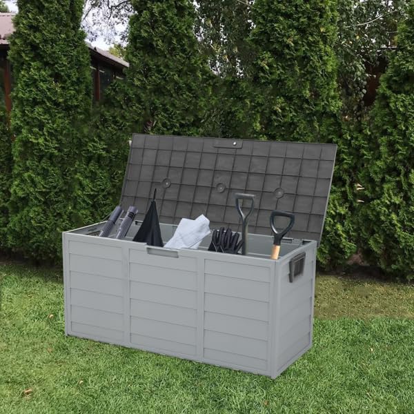 75 gal 260L Outdoor Garden Storage Deck Box, Resin Large Outdoor Storage Boxes for Patio, Outdoor Cushions, Garden Tools Chest Tools Cushions Toys Lockable Seat Grey