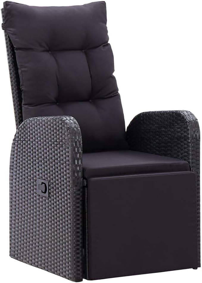 7-Piece PE Rattan Patio Dining Set with Reclining Chairs, Black | Includes 6 cushioned chairs and 1 dining table, designed for outdoor use in backyards, decks, and poolsides.