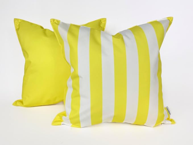 Pack of 2 Solid and Stripe 20''x20'' Outdoor Waterproof Bright Yellow Throw Pillow Covers Decorative Square Cushion Patio Pillows for Patio Furniture (Illuminating)