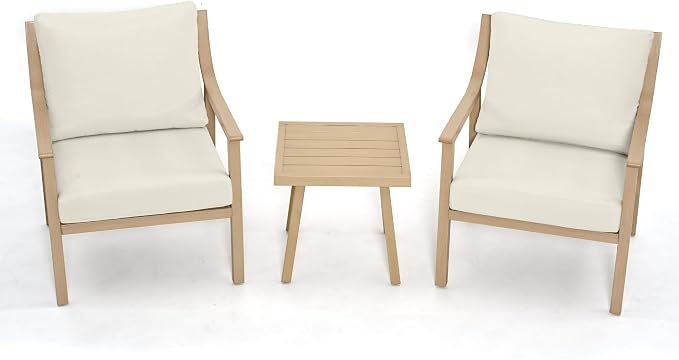 3-Piece Patio Conversation Set Aluminum for Outdoor Porch, Deck,(Beige) | All-Weather Aluminum Outdoor Conversation Set 1 Side Table and 2 Cushioned Armchairs rustproof