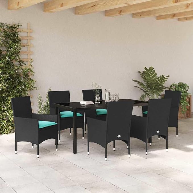 7-Piece Outdoor Dining Set with PE Rattan Chairs and Tempered Glass Table, Modern Garden Patio Furniture, Black, 6-Seater Table and Chair Combo