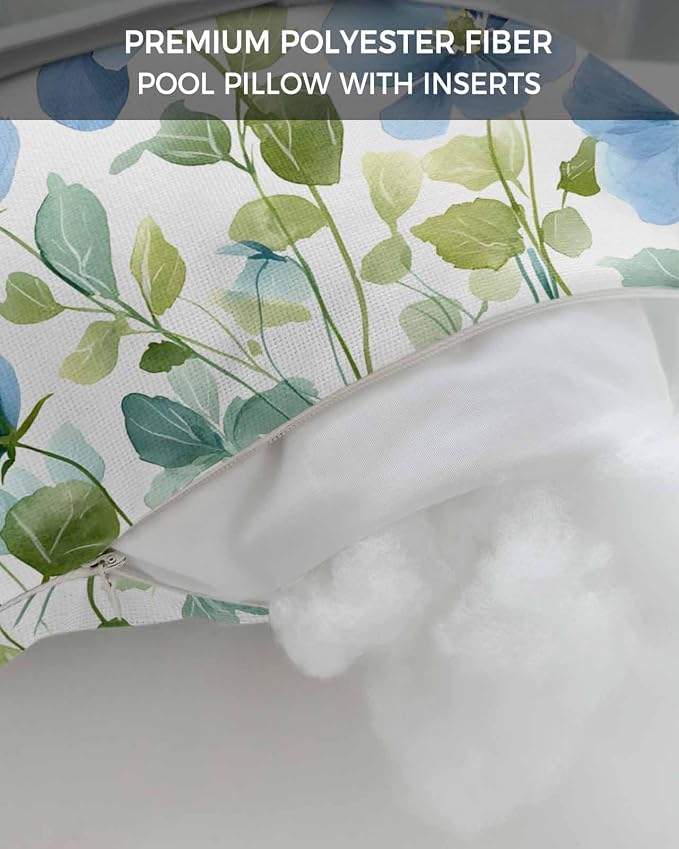 Pack of 2 Outdoor Lumbar Cushions with Inserts, Blue Flowers Watercolor Green Leaves Waterproof Fluffy Fade Body Pillows, Patio Furniture Pillow for Home Balcony Garden Decor 12x20IN