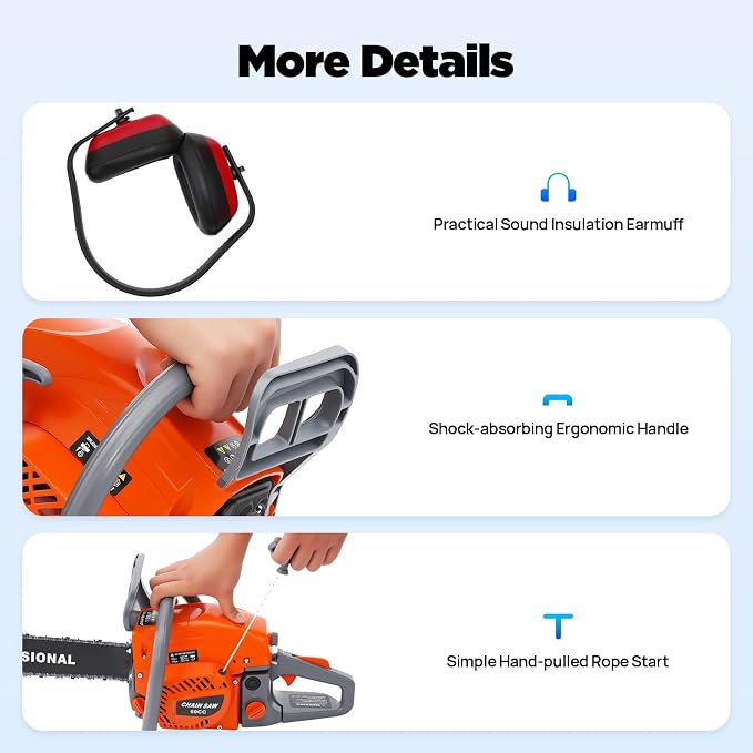 60CC Gasoline Chainsaw, 2.8KW Gasoline Handheld Cordless Chain Saws 22 Inch Gas Powered Chainsaw 2 Stroke Power Chain Saws Cutting Wood Gas Sawing Chain Saw Set for Farm Garden and Ranch