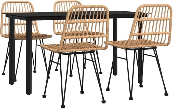 5 Piece Outdoor Patio Dining Set, Poly Rattan Bistro Furniture with Tempered Glass Table and 4 Chairs for Garden Backyard Poolside