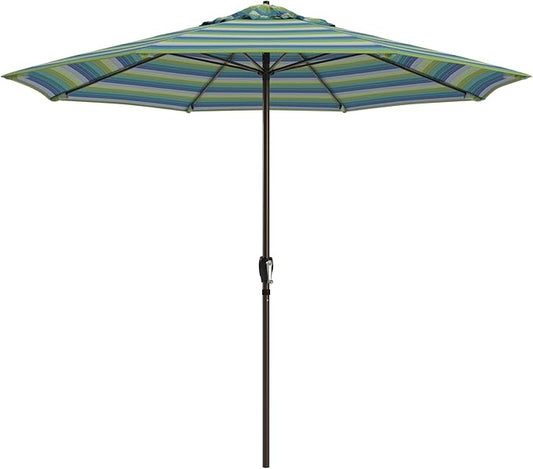 California Umbrella 12-Year Protection 9-Ft Outdoor Patio Umbrella, Sunbrella Fade-Resistant Fabric, Auto-Tilt, Heavy Duty Aluminum Frame, 8 Reinforced Ribs for Pool or Deck, Bronze Pole, Seville Seaside