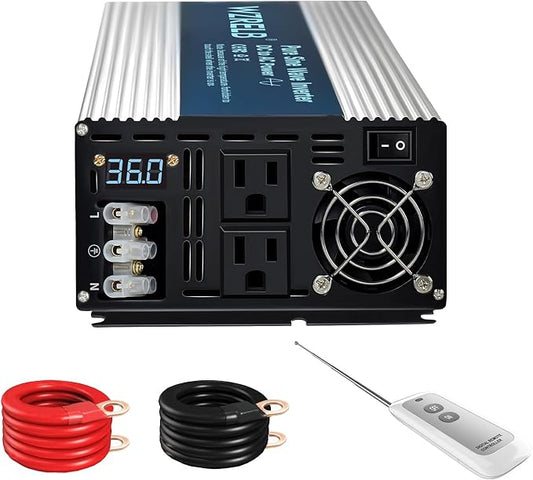 WZRELB 3000W Pure Sine Wave Inverter 36V DC to 110V 120V AC with LED Display,Remote Controller,Off-Grid Power Converter 6000W Surge with Dual AC Outlets, Hardwire Terminal for Home, RV, Truck, Camping