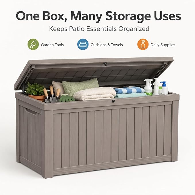 Outdoor Deck Patio Storage Box - 140 Gallon Large Outdoor Deck Box, Plastic Storage Bin with Lid, Outside Toy Box & Pool Storage Container for Cushions, Garden Tools, Towel, Brown